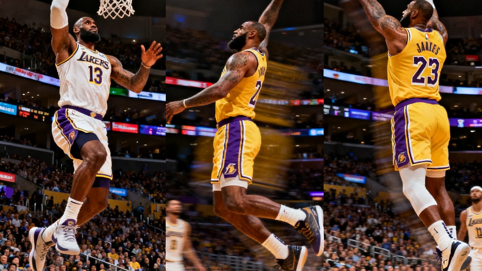NBA常规赛单场集锦，多角度展示一记飞身扣篮动作，画面标注球员姓名和得分数据